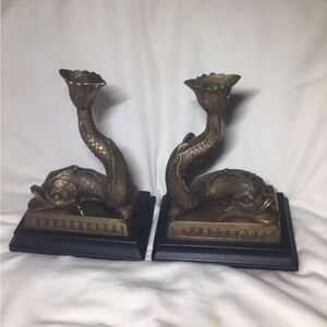 Vintage Wild Wood Heavy Brass Koi Fish Candle Holder Pair candlestick India